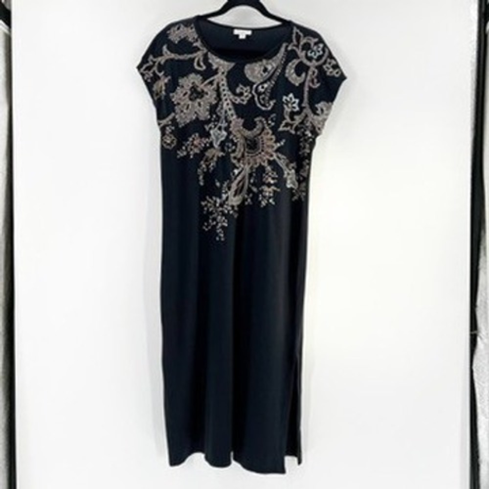 J.Jill Petite Black Embroidered Paisley Maxi Dress Size M Cotton‎ Tencel Blend